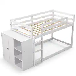Gymax - Twin Over Twin Bunk Bed Wood Frame Storage Shelves Ladder Guardrails Kids - White