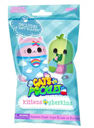 COLLECT THEM ALL!
AGES 4+
INCLUDES 1 BABY BLANKET
CATS VS POCKLES
kittens VS gherkins
WARNING: CHOKING HAZARD - Small parts. Not for Children Under 3 Years
Surprise Plush Toy! 2 Cats or Pickles