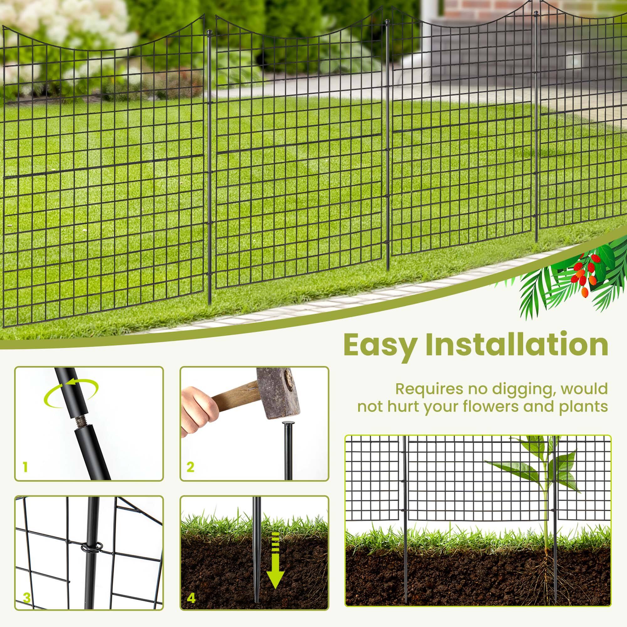 Easy Installation

Requires no digging, would not hurt your flowers and plants

1. Insert the pole into the ground.
2. Use a hammer to secure the pole.
3. Attach the fence panels to the poles.
4. Ensure the fence is stable and secure.