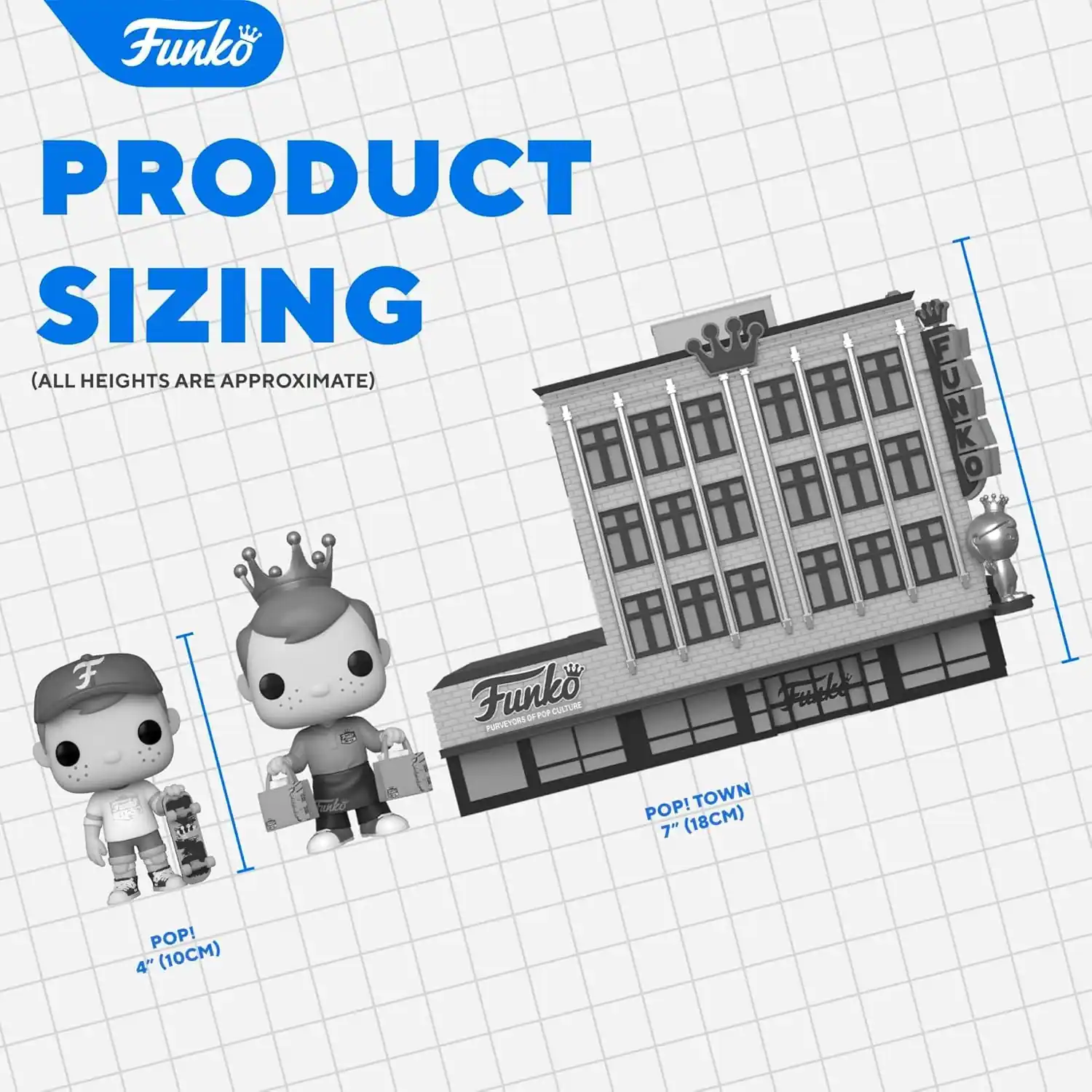 Funko PRODUCT SIZING (ALL HEIGHTS ARE APPROXIMATE)  
POP! 4" (10CM)  
POP! TOWN 7" (18CM)