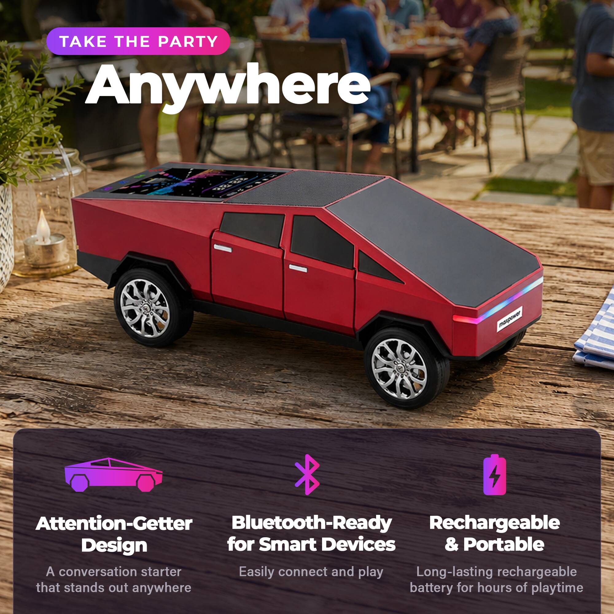 TAKE THE PARTY Anywhere

Attention-Getter Design
A conversation starter that stands out anywhere

Bluetooth-Ready for Smart Devices
Easily connect and play

Rechargeable & Portable
Long-lasting rechargeable battery for hours of playtime