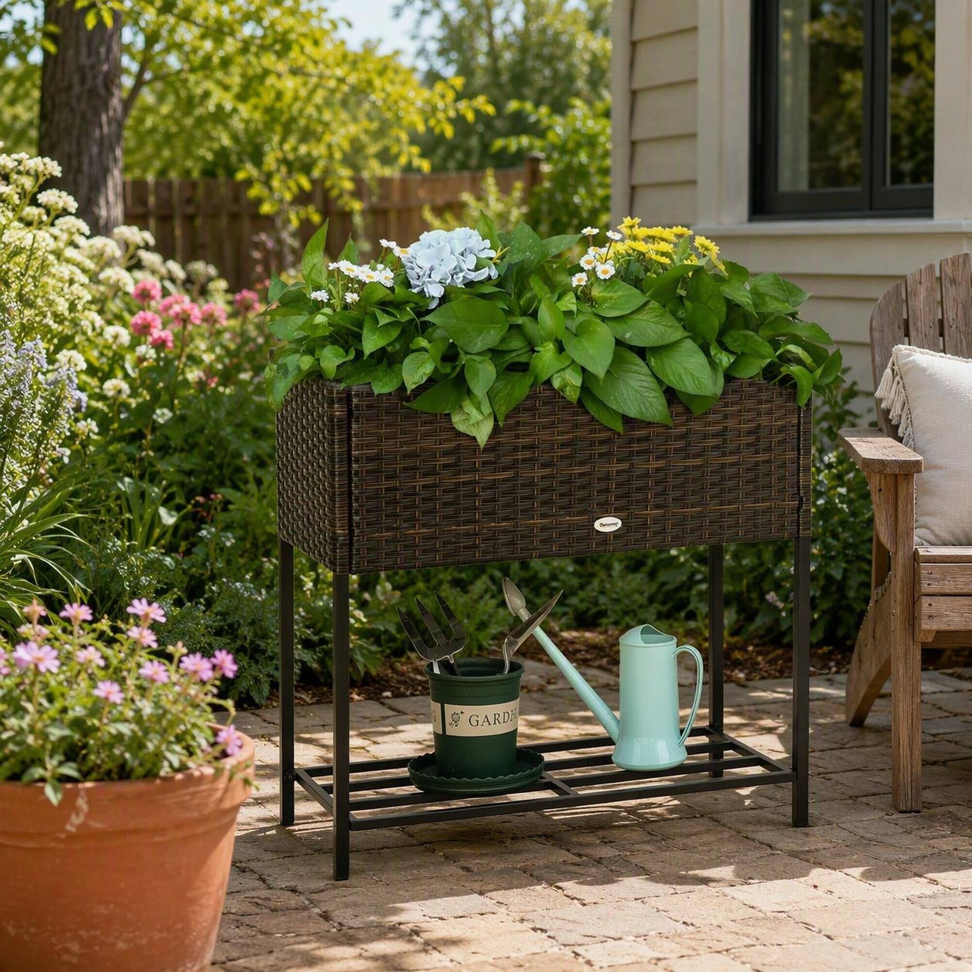Alt View 2. RYHNUYNE - Outsunny Raised Garden Bed, Elevated Planter Box with Rattan Wicker Look, Tool Storage Shelf, Portable Design - Brown.