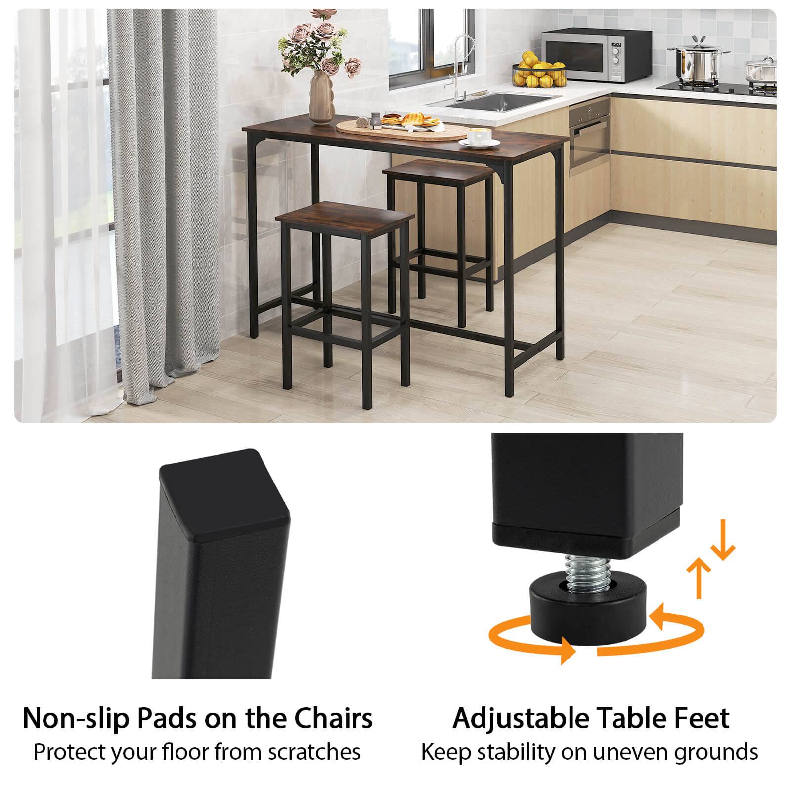 The image features a kitchen with a small table and two stools. The table is accompanied by non-slip pads on the chairs, which protect the floor from scratches. Additionally, the table has adjustable table feet to ensure stability on uneven grounds.