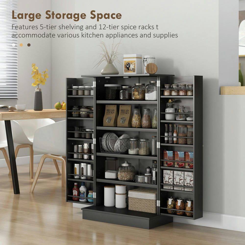 Large Storage Space  
Features 5-tier shelving and 12-tier spice racks to accommodate various kitchen appliances and supplies