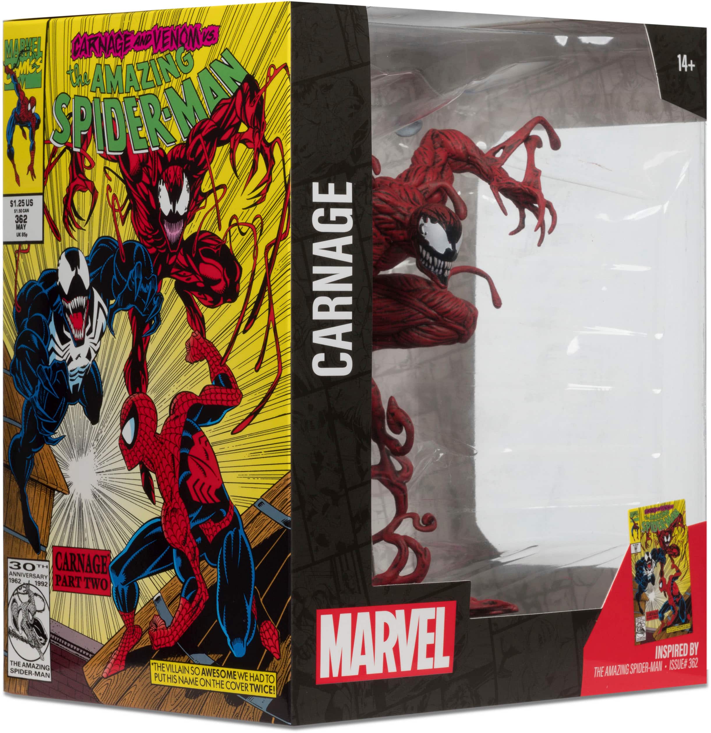 AND VENOM VS. CARNAGE IN THE AMAZING SPIDER-MAN $1.25 US $1.25 US B 362 MAT a CARNAGE 14+ 30 ANNIVERSARY CARNAGE TM 392 PART TWO THE AMAZING SPIDER-MAN THE VILLAIN IS SO AWESOME WE HAD TO MARVEL NAME ON THE COVER TWICE! INSPIRED BY SPIDER-MAN ESSUER 362 THE AMAZING SPIDER-MAN