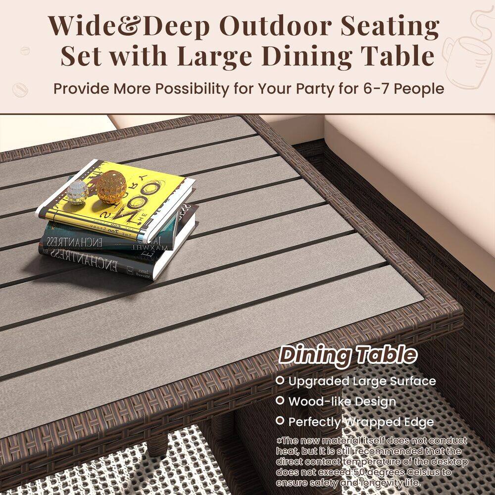 Wide & Deep Outdoor Seating Set with Large Dining Table  
Provide More Possibility for Your Party for 6-7 People  

Dining Table  
- Upgraded Large Surface  
- Wood-like Design  
- Perfectly Wrapped Edge  

*The new material itself does not conduct heat, but it is still recommended that the direct contact temperature of the desktop does not exceed 50 degrees Celsius to ensure safety and longevity life.