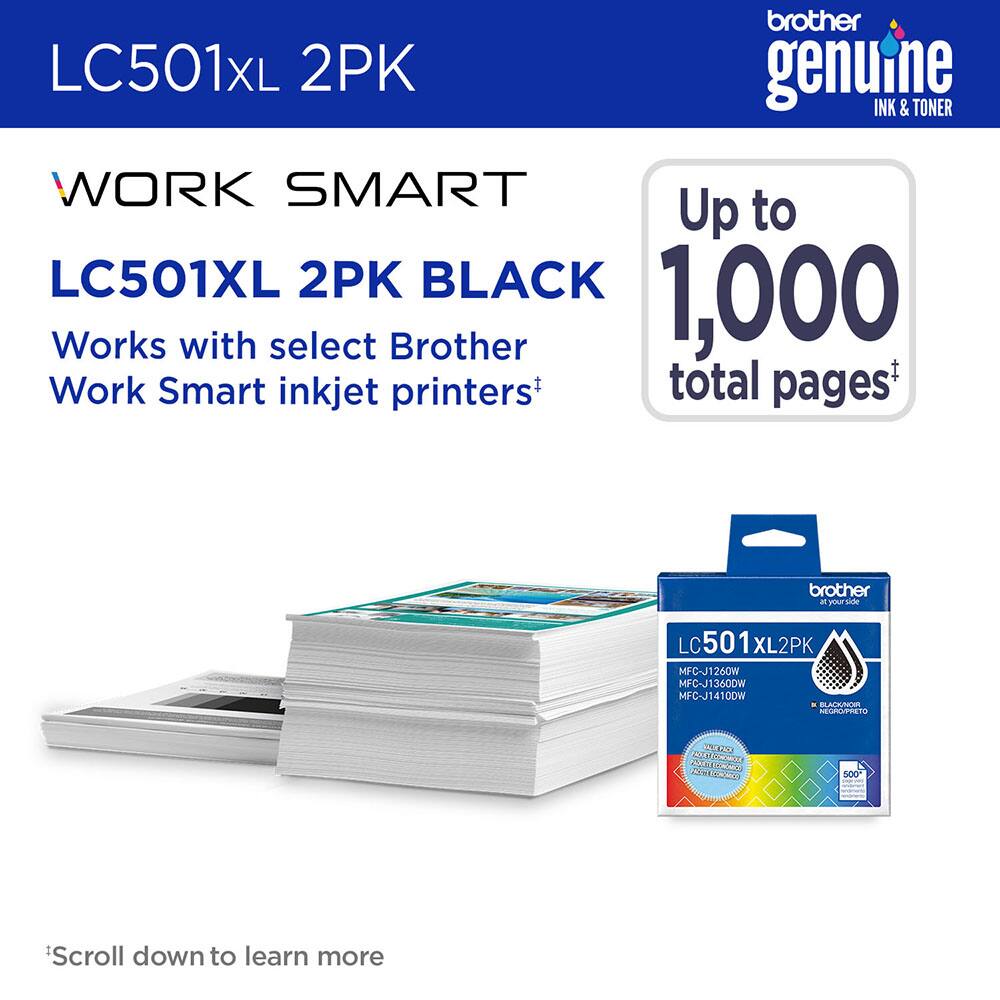 LC501XL 2PK  
Brother Genuine Ink & Toner  
Work Smart  
LC501XL 2PK Black  
Works with select Brother Work Smart inkjet printers  
Up to 1,000 total pages*  

*Scroll down to learn more  

Compatible with:  
MFC-J1260W  
MFC-J1360DW  
MFC-J1410DW  

Brother at your side