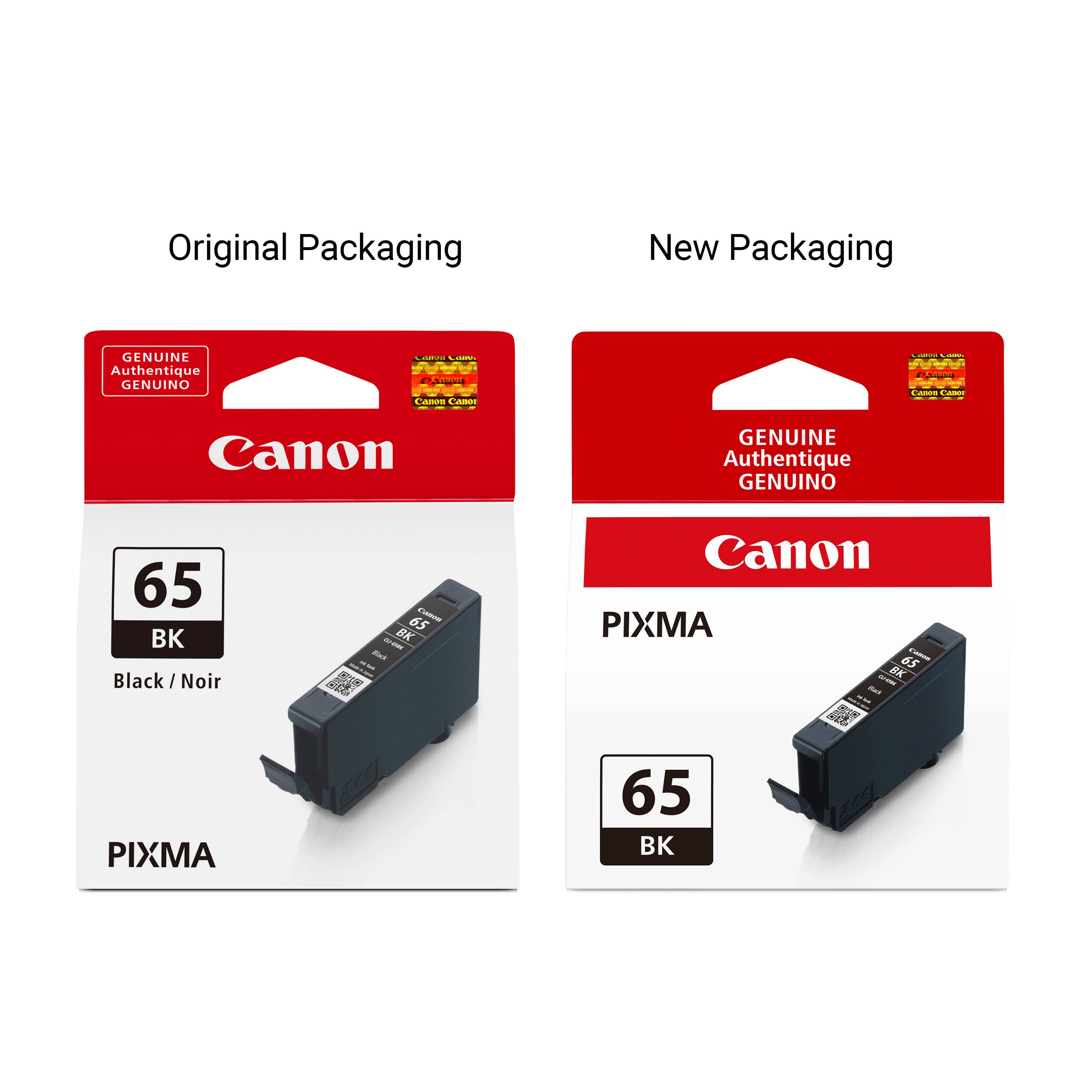 Original Packaging  
New Packaging  
GENUINE Authentique GENUINO  
Canon  
65 BK Black Noir  
Canon PIXMA 65 - 5J.5588 BK Stak  
PIXMA