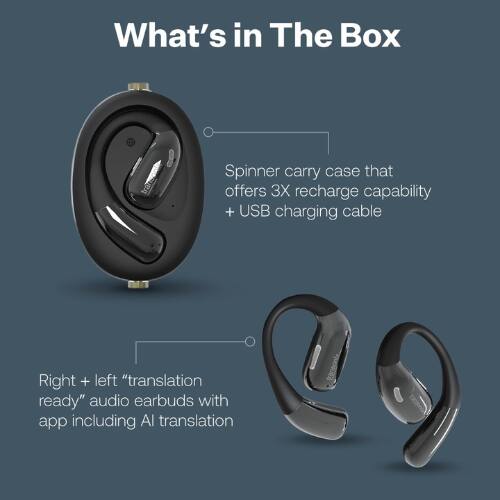 What's in The Box

Spinner carry case that offers 3X recharge capability + USB charging cable

Right + left "translation ready" audio earbuds with app including AI translation