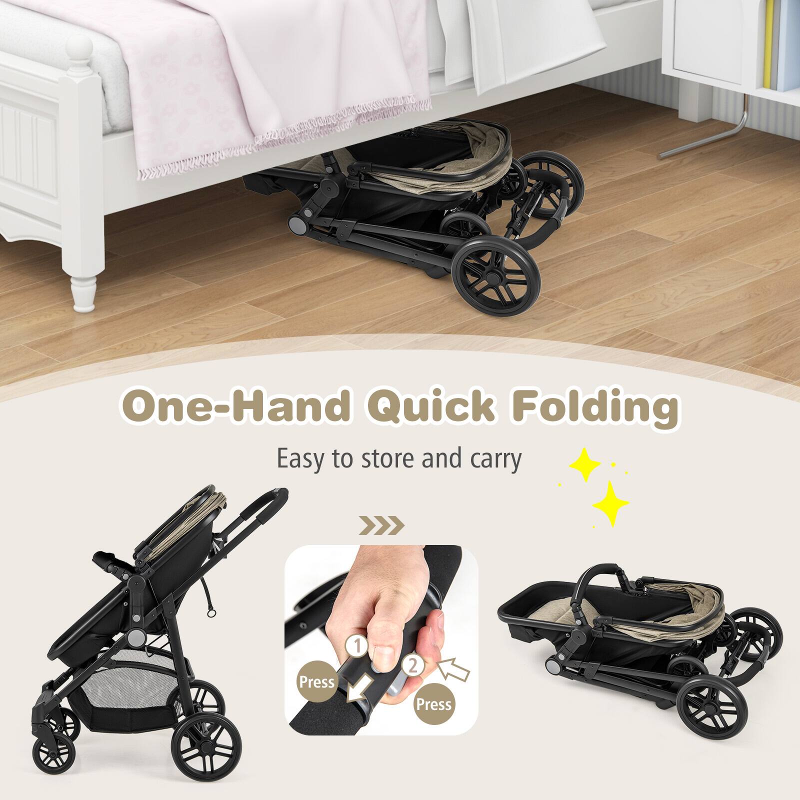 One-Hand Quick Folding, Easy to store and carry, Press 1, Press 2