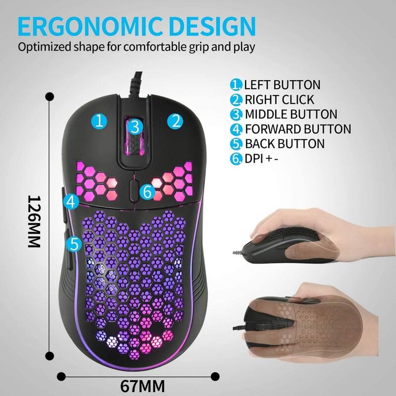 ERGONOMIC DESIGN  
Optimized shape for comfortable grip and play  

1. LEFT BUTTON  
2. RIGHT CLICK  
3. MIDDLE BUTTON  
4. FORWARD BUTTON  
5. BACK BUTTON  
6. DPI + -  

126MM  
67MM