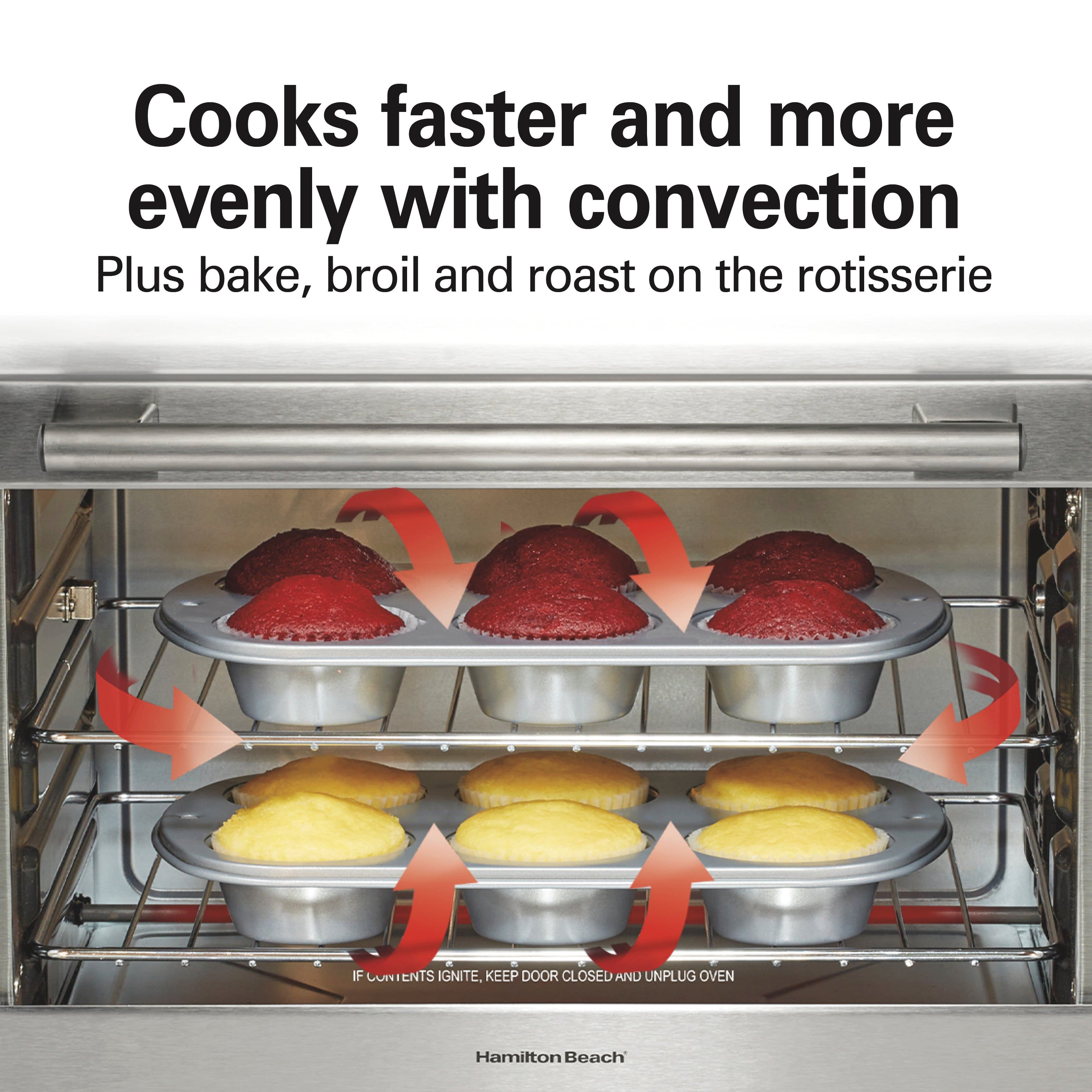 Cooks faster and more evenly with convection
Plus bake, broil and roast on the rotisserie
IF CONTENTS IGNITE, KEEP DOOR CLOSED AND UNPLUG OVEN
Hamilton Beach