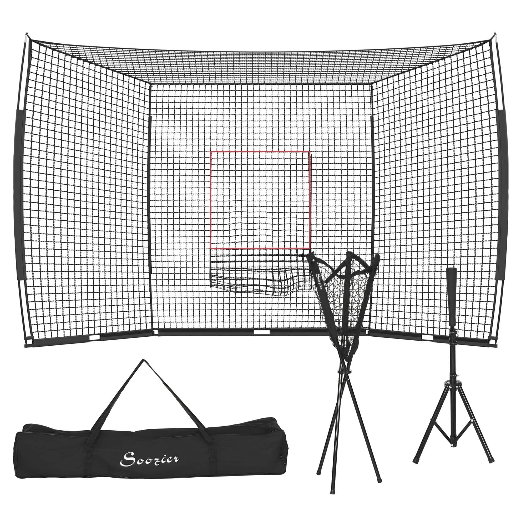 Soozier - 17' x 5.5' Baseball Net with Strike Zone, Tee, Caddy, and Carry Bag for Pitching and Hitting - Black