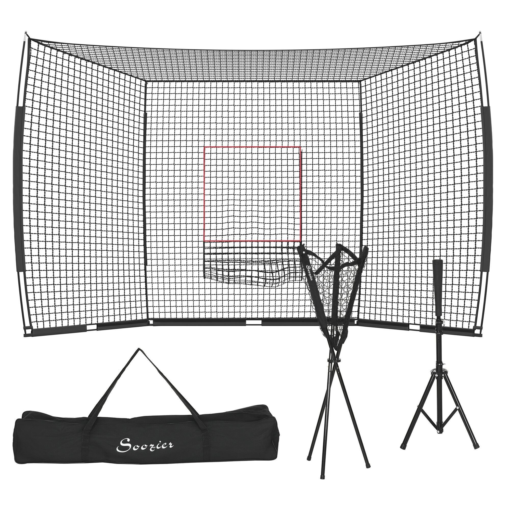 Front. Soozier - 17' x 5.5' Baseball Net with Strike Zone, Tee, Caddy, and Carry Bag for Pitching and Hitting - Black.