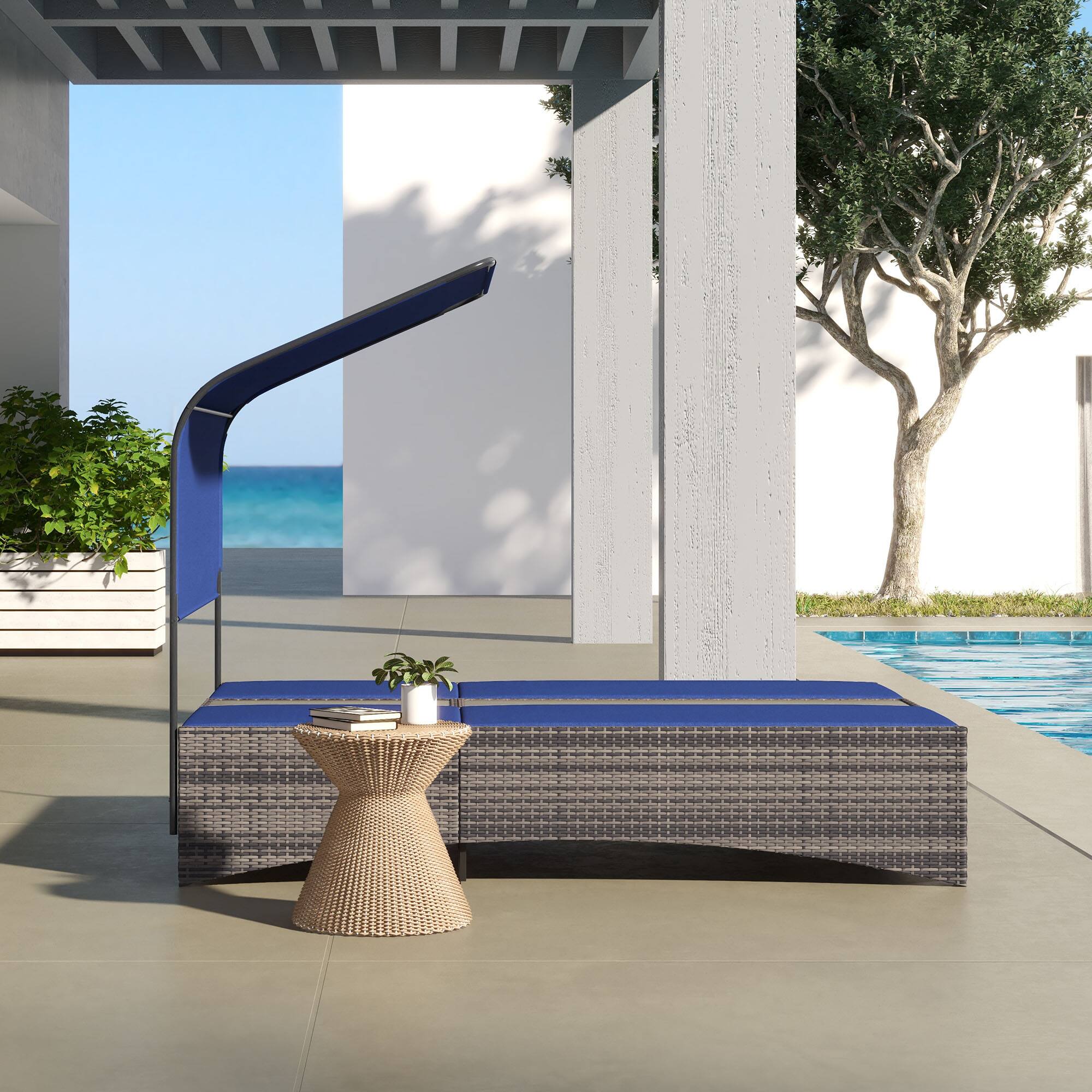 Alt View 8. Outsunny - PE Rattan Outdoor Double Chaise Lounge with Canopy, Adjustable 5-Position Reclining Daybed - Blue.