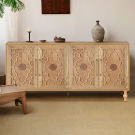 LUCKY ONE - Freestanding Large Storage Cabinet with Carved Flower Door Metal Handle for Living Room Kitchen Entryway - Natural Wood