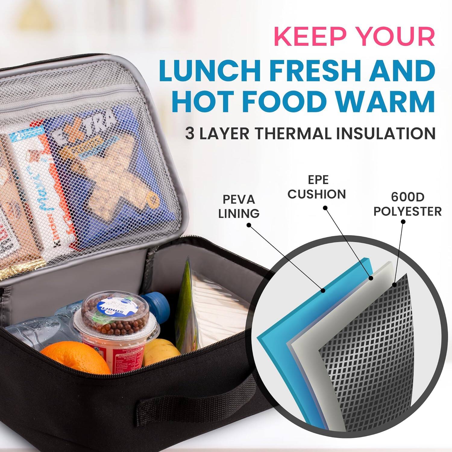 KEEP YOUR LUNCH FRESH AND HOT FOOD WARM
3 LAYER THERMAL INSULATION
EPE CUSHION
PEVA LINING
POLYESTER 600D