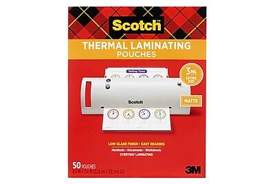Scotch  
THERMAL LAMINATING POUCHES  
3 MIL LETTER  
Scotch  
MATTE  
LOW GLARE FINISH - EASY READING  
EVERYDAY  
50 POUCHES 89 228 B 291 EA  
3M