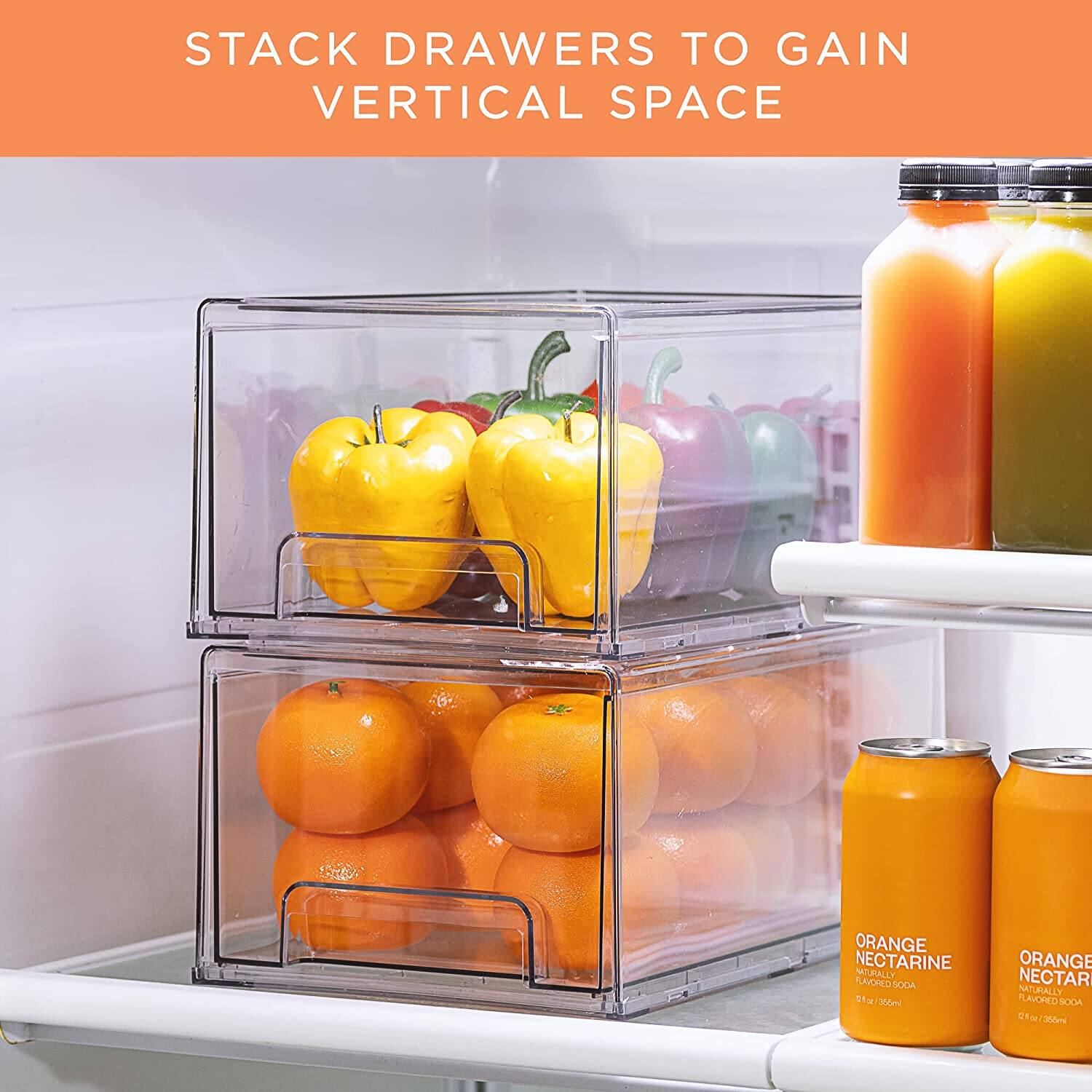 STACK DRAWERS TO GAIN VERTICAL SPACE

ORANGE NECTARINE NATURALLY FLAVORED SODA
2 fl oz / 350ml