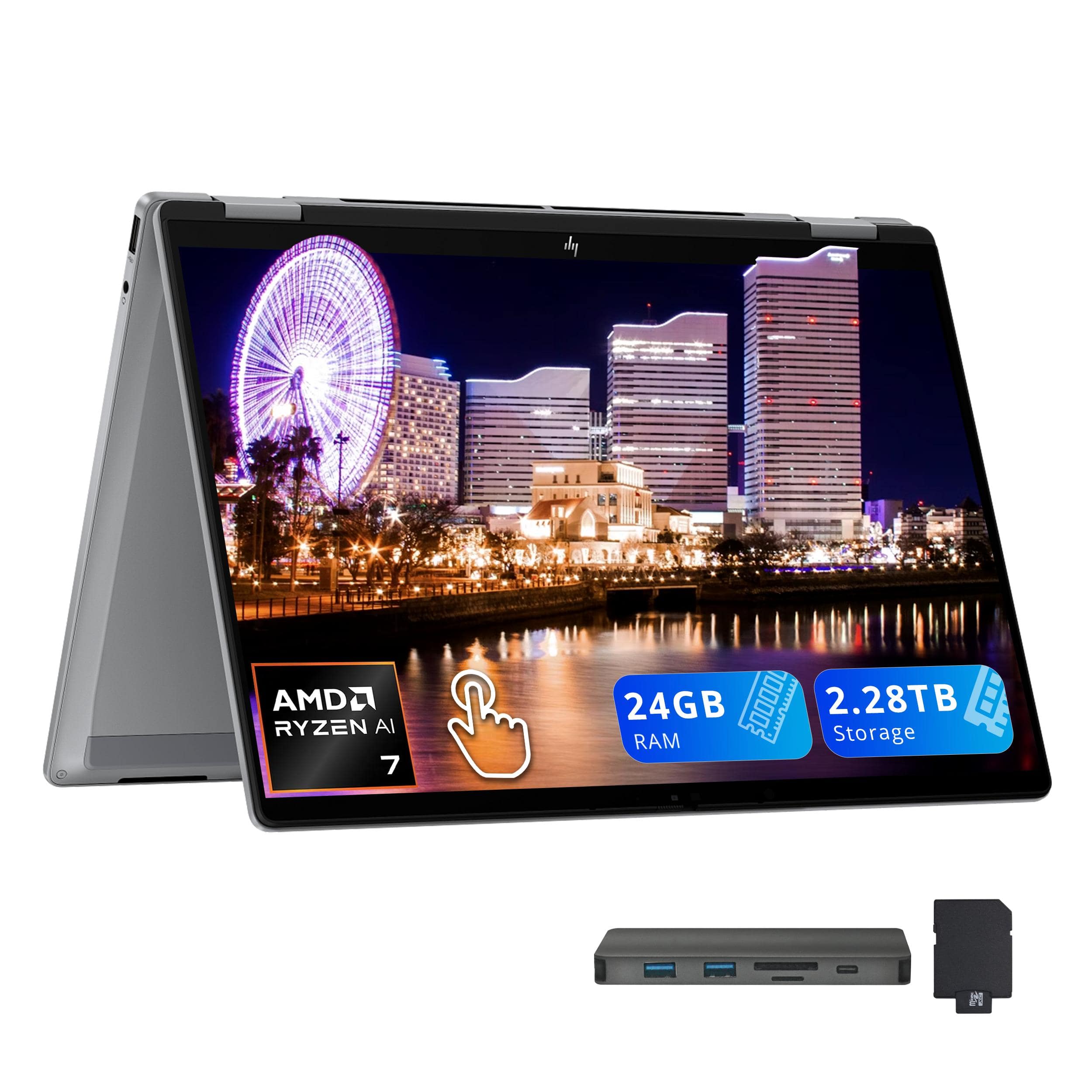 HP - OmniBook X Flip 14" 2K Touch-Screen 2-in-1 Laptop,AMD Ryzen AI 7 350,24GB LPDDR5X,2TB SSD+288GB Docking Station,Win 11 - Silver