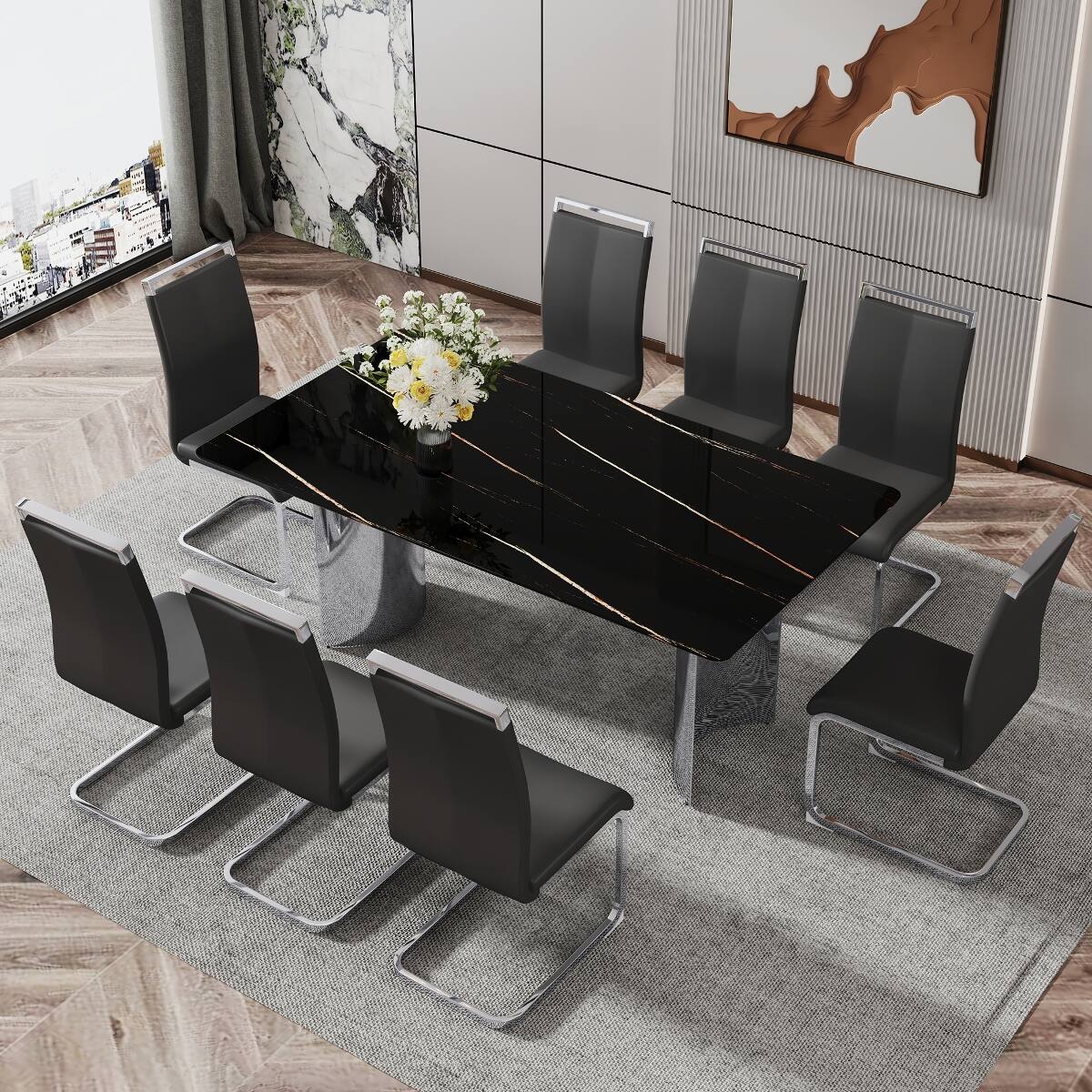 Alt View 2. Loheer - Loheer Black Faux Marble Glass Dining Table with Silver Metal Legs, Modern Minimalist Design - Black.