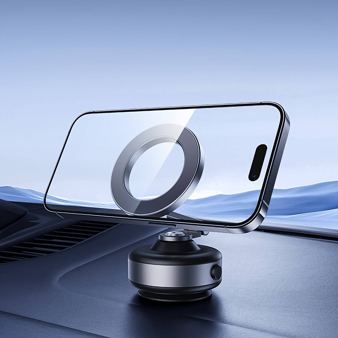 Alt View 2. Furno Fusion - Retractable & Foldable Car Phone Holder, 360° Rotating Magnetic Mount with Vacuum Suction Cup - Black.