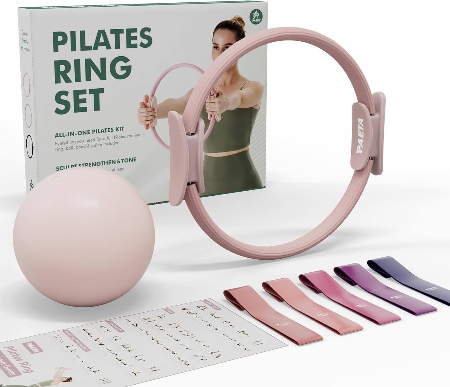 Syedee - Pilates Ring Set – 14” Magic Circle (38 lbs Resistance), 9.8” Pilates Ball, 5 Resistance Bands, and Exercise Guide Inclu - Pink