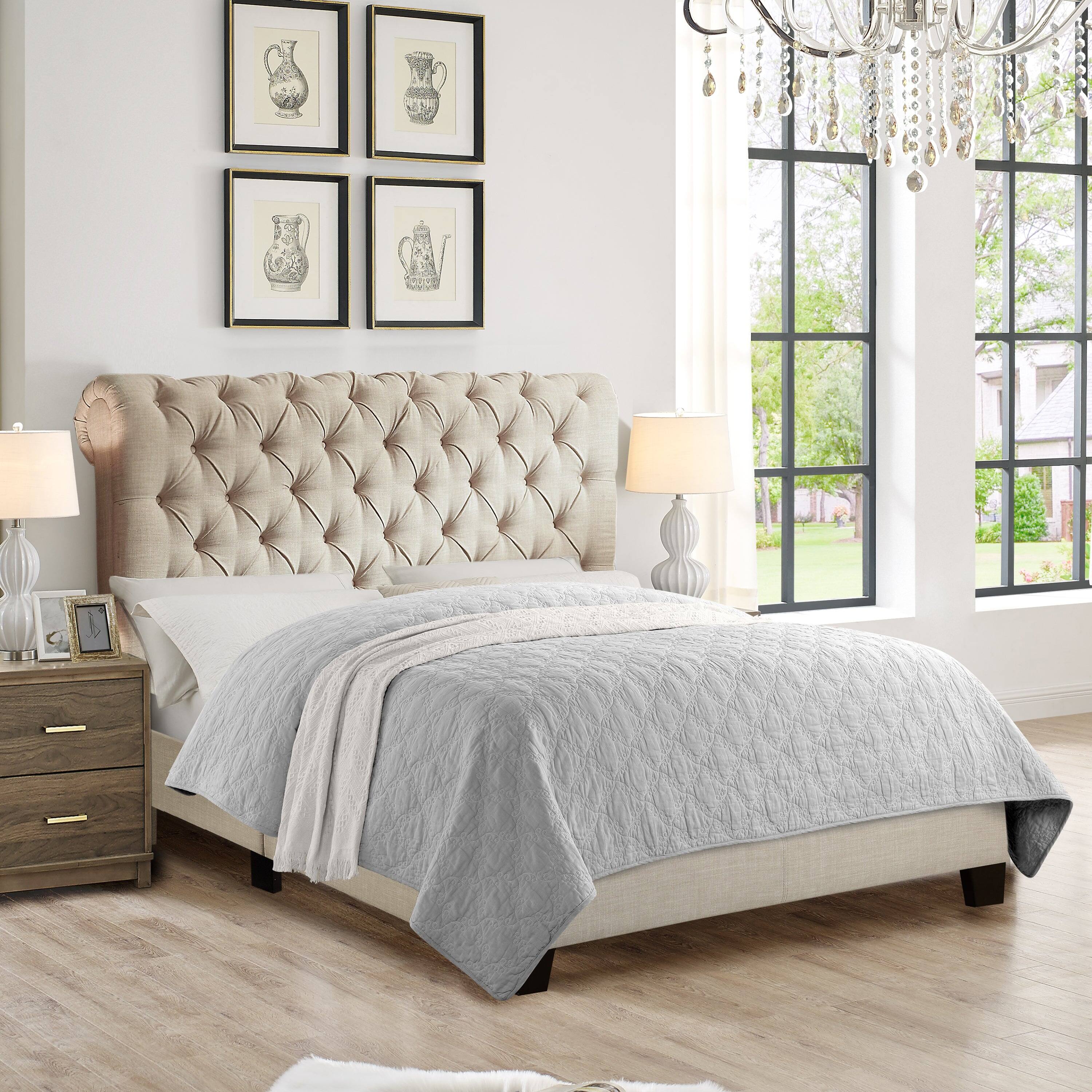 Alt View 4. Boyel Living - 46 in Luxury Upholstered Bed Frame with Solid Wood Frame in White - Off-white.
