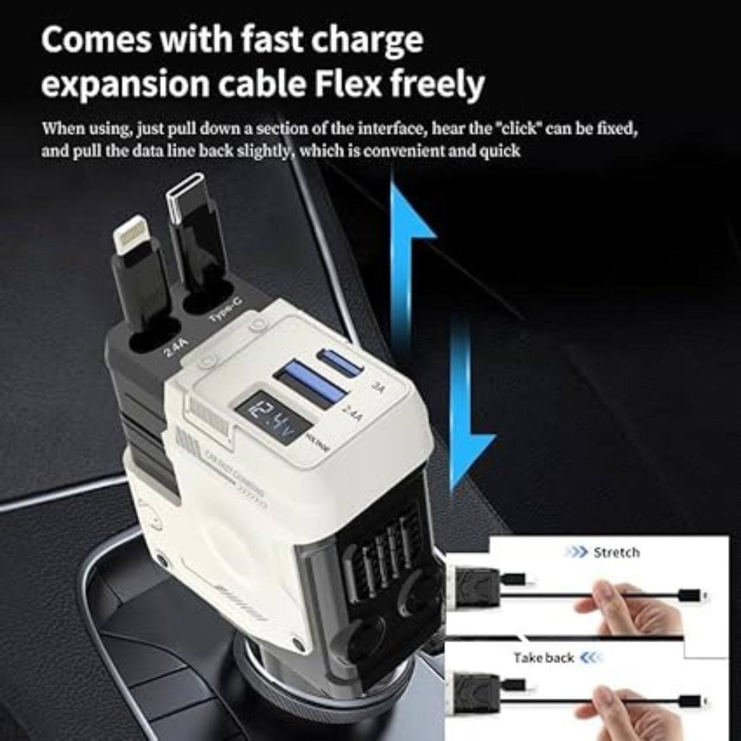 Comes with fast charge expansion cable Flex freely

When using, just pull down a section of the interface, hear the "click" can be fixed, and pull the data line back slightly, which is convenient and quick

Type-C 24A 12 4

Stretch
Take back