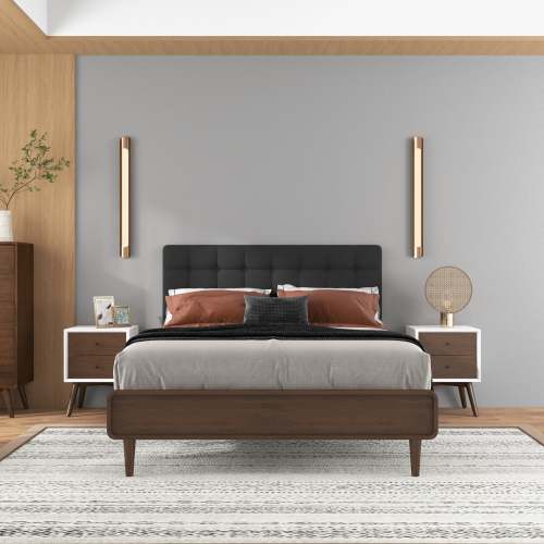 Alt View 1. LUCKY ONE - 23.6" Assembled Mid Century Nightstand 2-Drawer Solid Wood Bedside Table - Dark Brown,White.