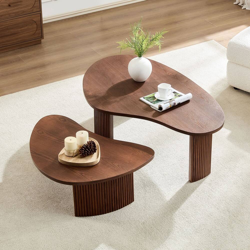 Alt View 1. Loheer - Loheer 2-Piece Modern Irregular Shape Coffee Table Set Walnut Nesting End Tables - Walnut.