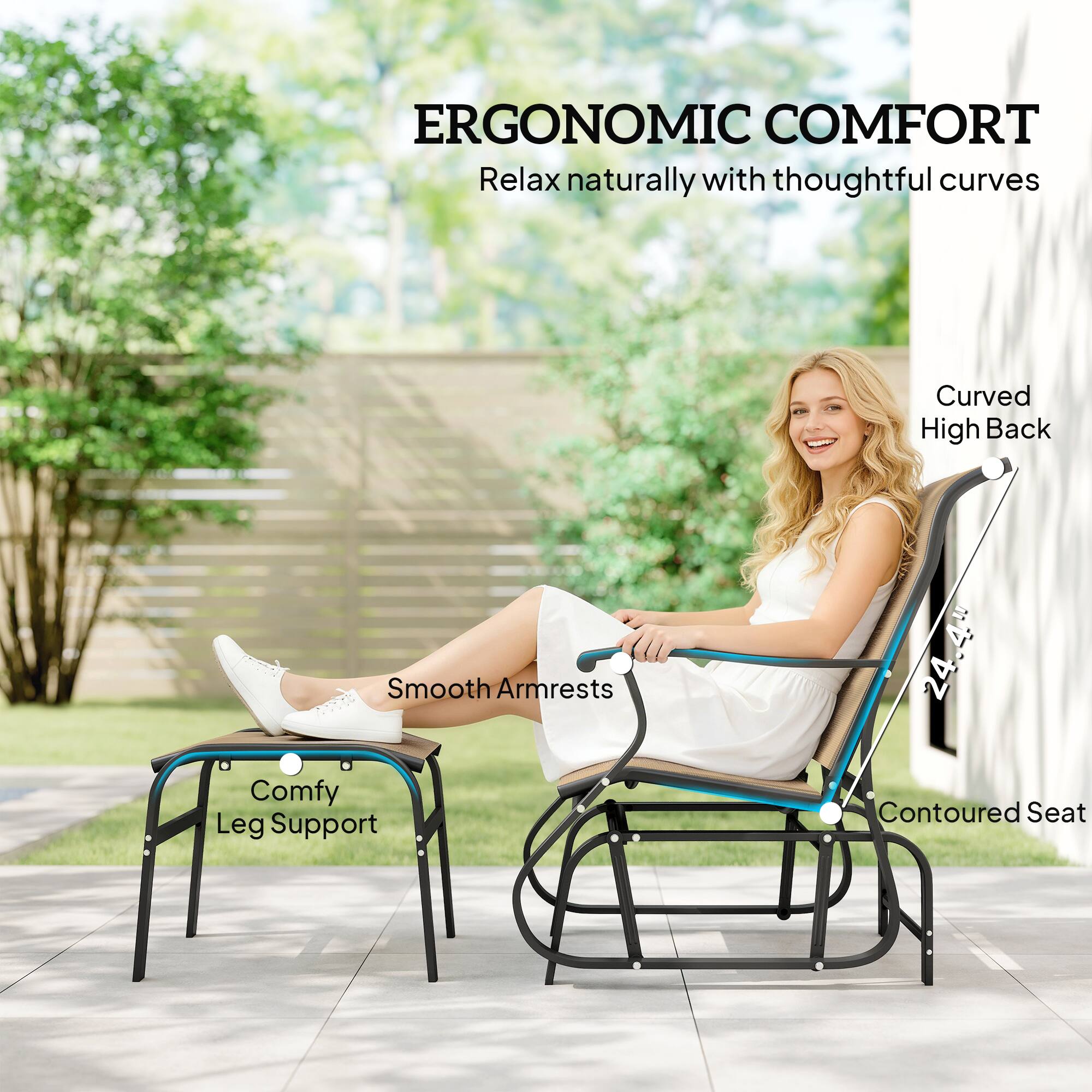 ERGONOMIC COMFORT  
Relax naturally with thoughtful curves

- Curved High Back
- Smooth Armrests
- Comfy Leg Support
- Contoured Seat