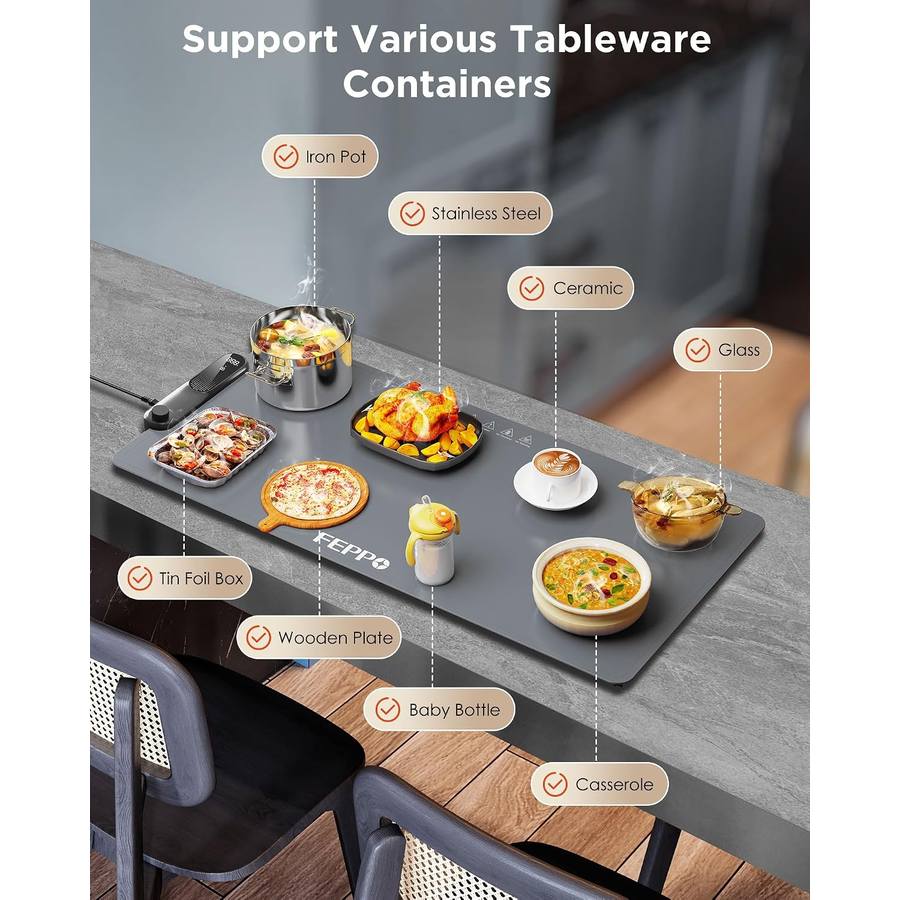 Support Various Tableware Containers  
Iron Pot  
Stainless Steel  
Ceramic  
Glass  
Tin Foil Box  
Wooden Plate  
Baby Bottle  
Casserole