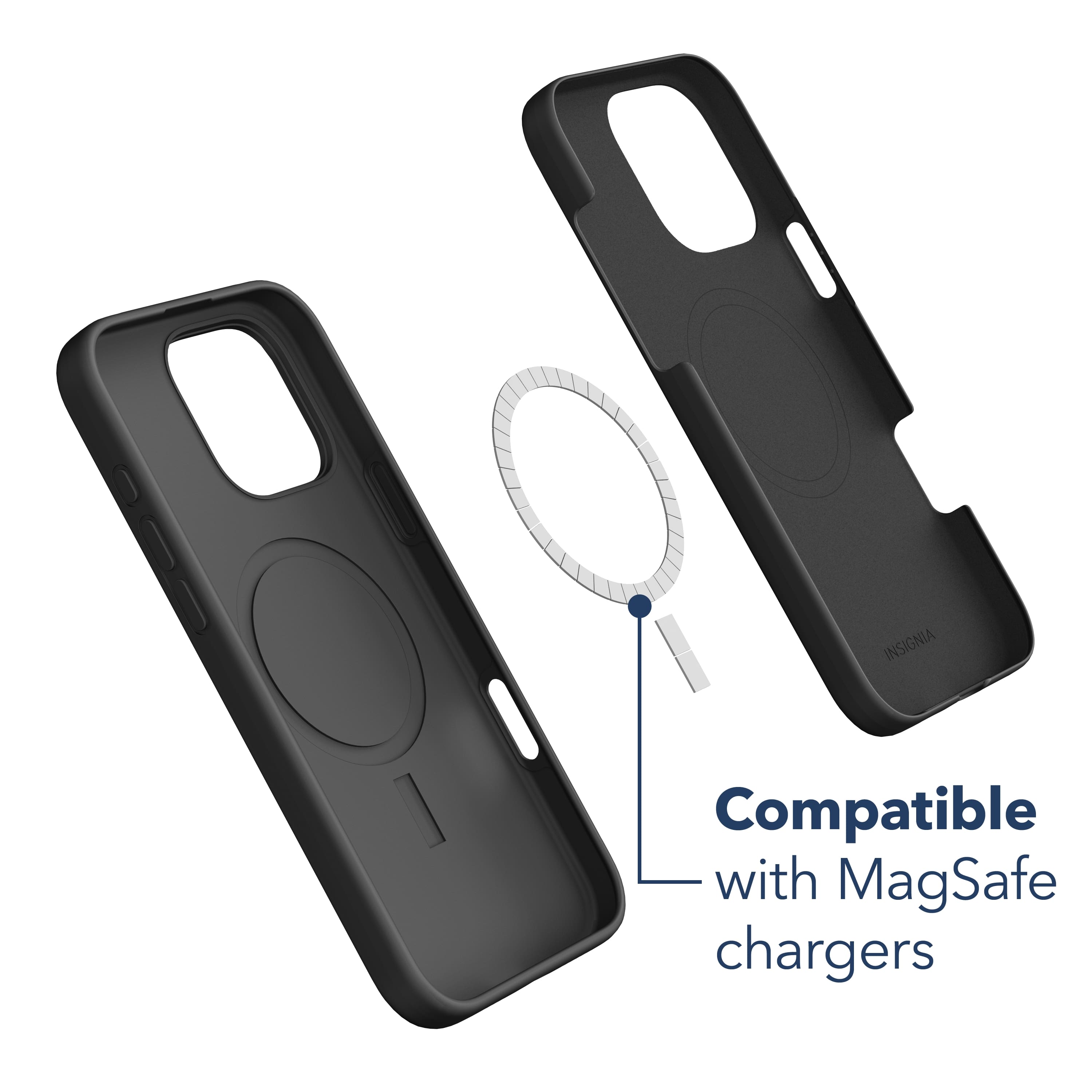 The image shows a black case for a cell phone, which is compatible with MagSafe chargers. The case is designed to protect the phone and provide a secure connection with the chargers. The case is made of durable materials and features a sleek design that fits snugly around the phone. The MagSafe chargers are known for their convenience and ease of use, making them a popular choice for iPhone users.