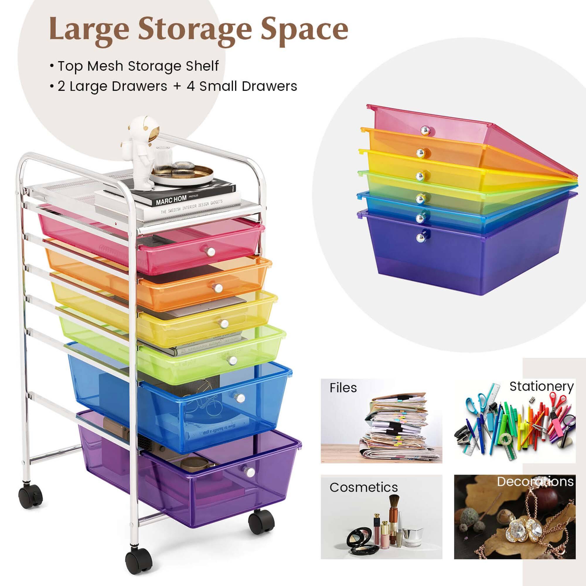 Large Storage Space: Top Mesh Storage Shelf with 2 Large Drawers and 4 Small Drawers. Contains Files, Stationery, Cosmetics, and Decorations.