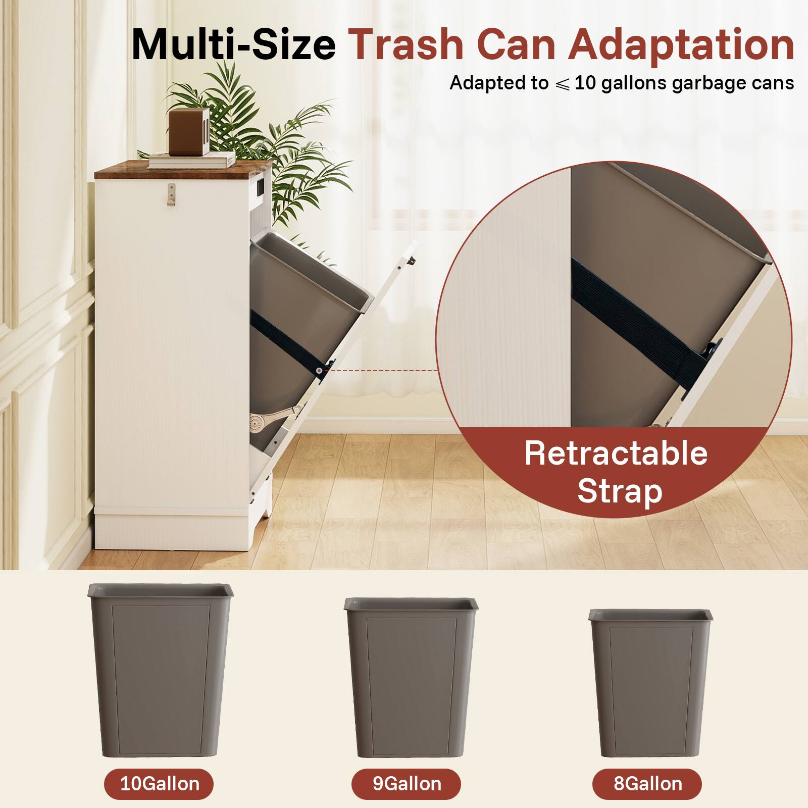 Multi-Size Trash Can Adaptation, Retractable Strap, Adapted to < 10 gallons garbage cans, 10Gallon, 9Gallon, 8Gallon