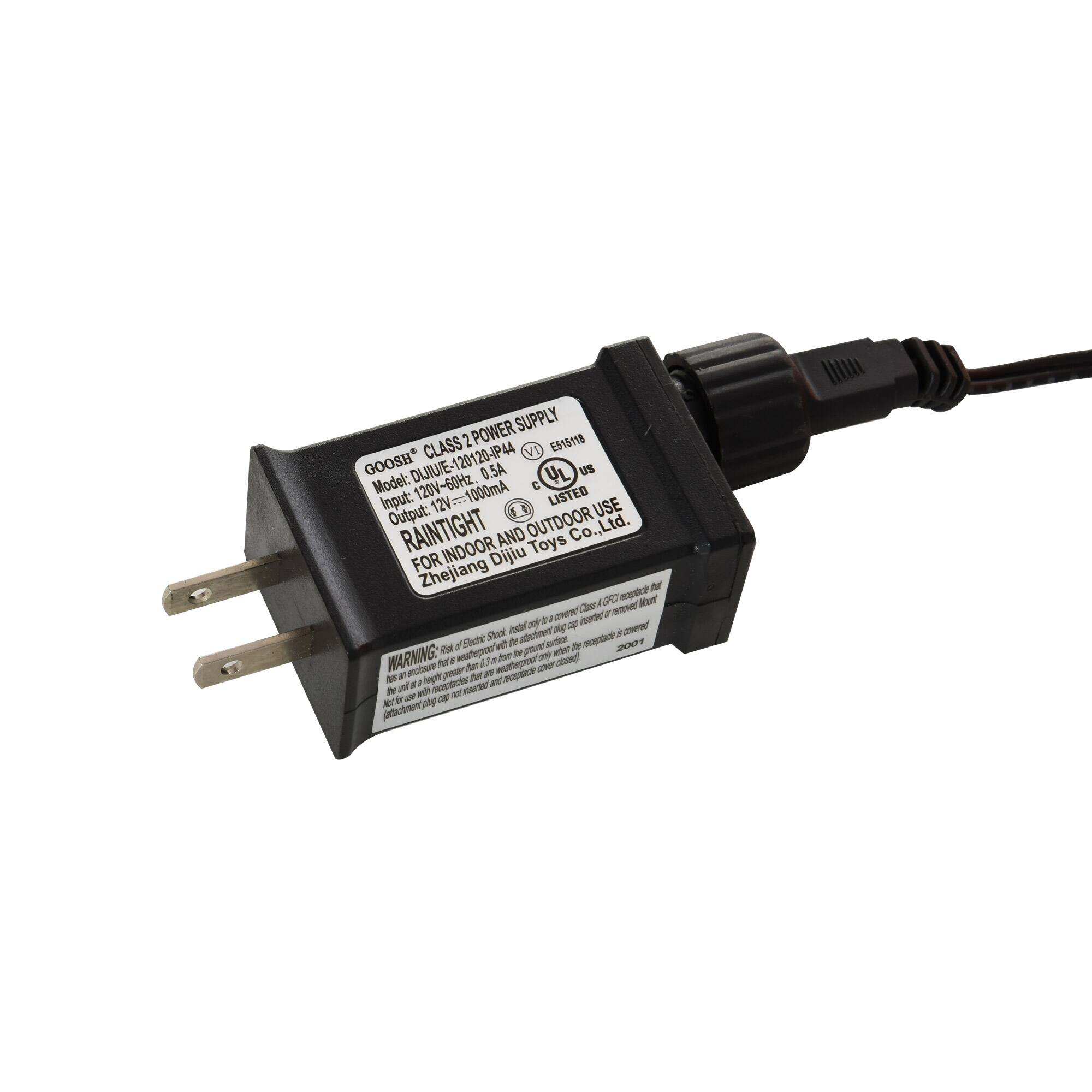 GOOSHE CLASS 2 POWER SUPPLY  
Model: DIJIU/E-120120-IP44  
Input: 120V~60Hz 12V=1000mA  
Output: 12V=1000mA  
LISTED USE  
RAINTIGHT AND OUTDOOR USE  
FOR INDOOR AND OUTDOOR USE  
Zhejiang Dijiu Toys Co., Ltd.  

WARNING:  
Do not expose to direct sunlight.  
Do not use in areas where there is a risk of explosion.  
Do not use in areas where there is a risk of explosion.  
Do not use in areas where there is a risk of explosion.  
Do not use in areas where there is a risk of explosion.  
Do not use in areas where there is a risk of explosion.  
Do not use in areas where there is a risk of explosion.  
Do not use in areas where there is a risk of explosion.  
Do not use in areas where there is a risk of explosion.  
Do not use in areas where there is a risk of explosion.  
Do not use in areas where there is a risk of explosion.  
Do not use in areas where there