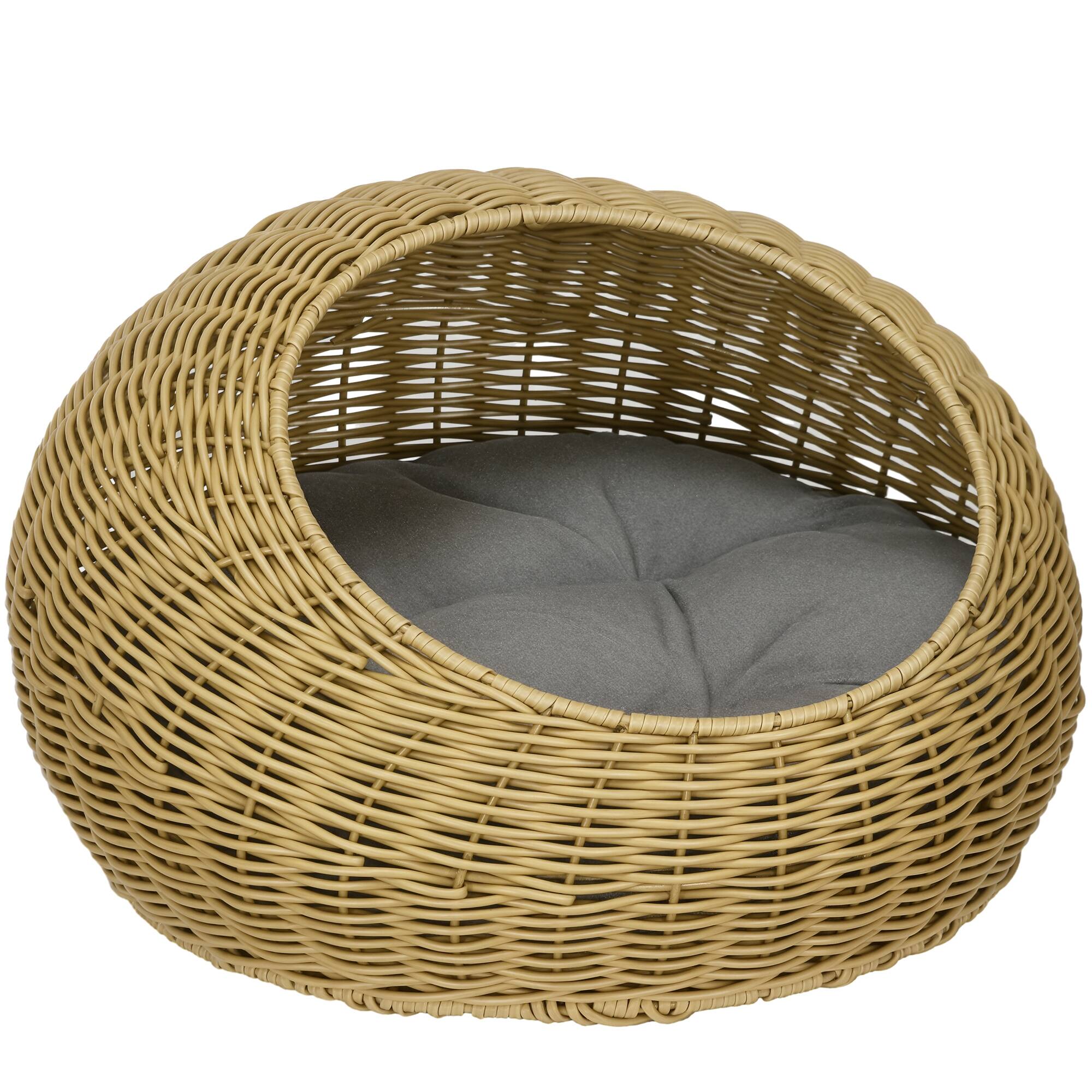 Front. Pawhut - Rattan Cat Bed, Wicker Cat House Basket with Washable Cushion for Small Indoor Cats and Dogs.