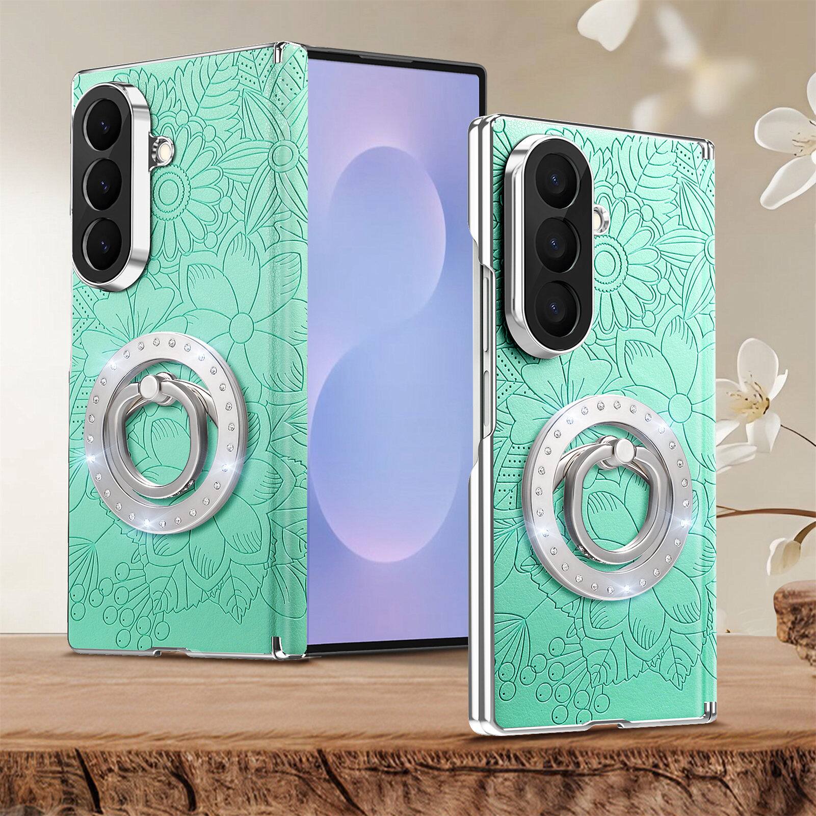 Alt View 3. Dteck - Shockproof Leather Texture Case for Samsung Galaxy Z Fold8 Ultra with Ring Stand, Magnetic Rigid Plastic Hinge Cover - Green.