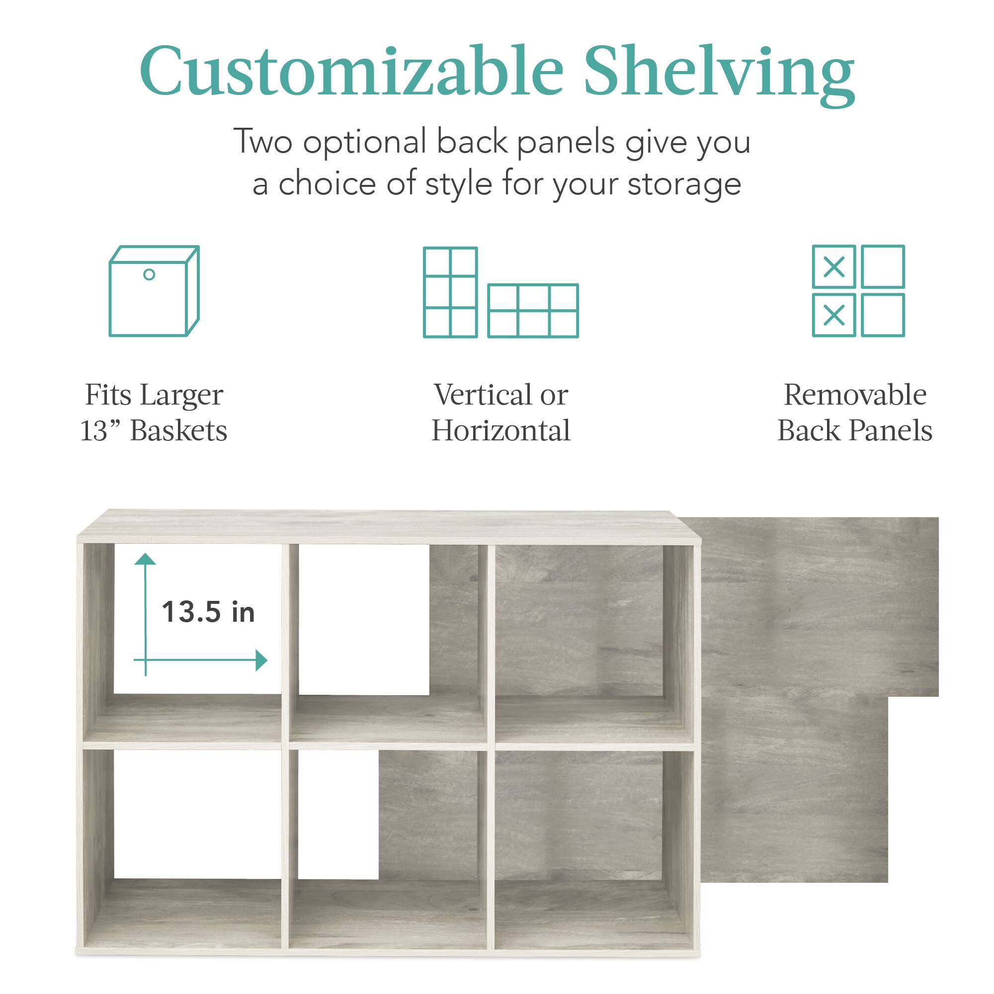 Customizable Shelving

Two optional back panels give you a choice of style for your storage.

- Fits Larger 13" Baskets
- Vertical or Horizontal
- Removable Back Panels

13.5 in