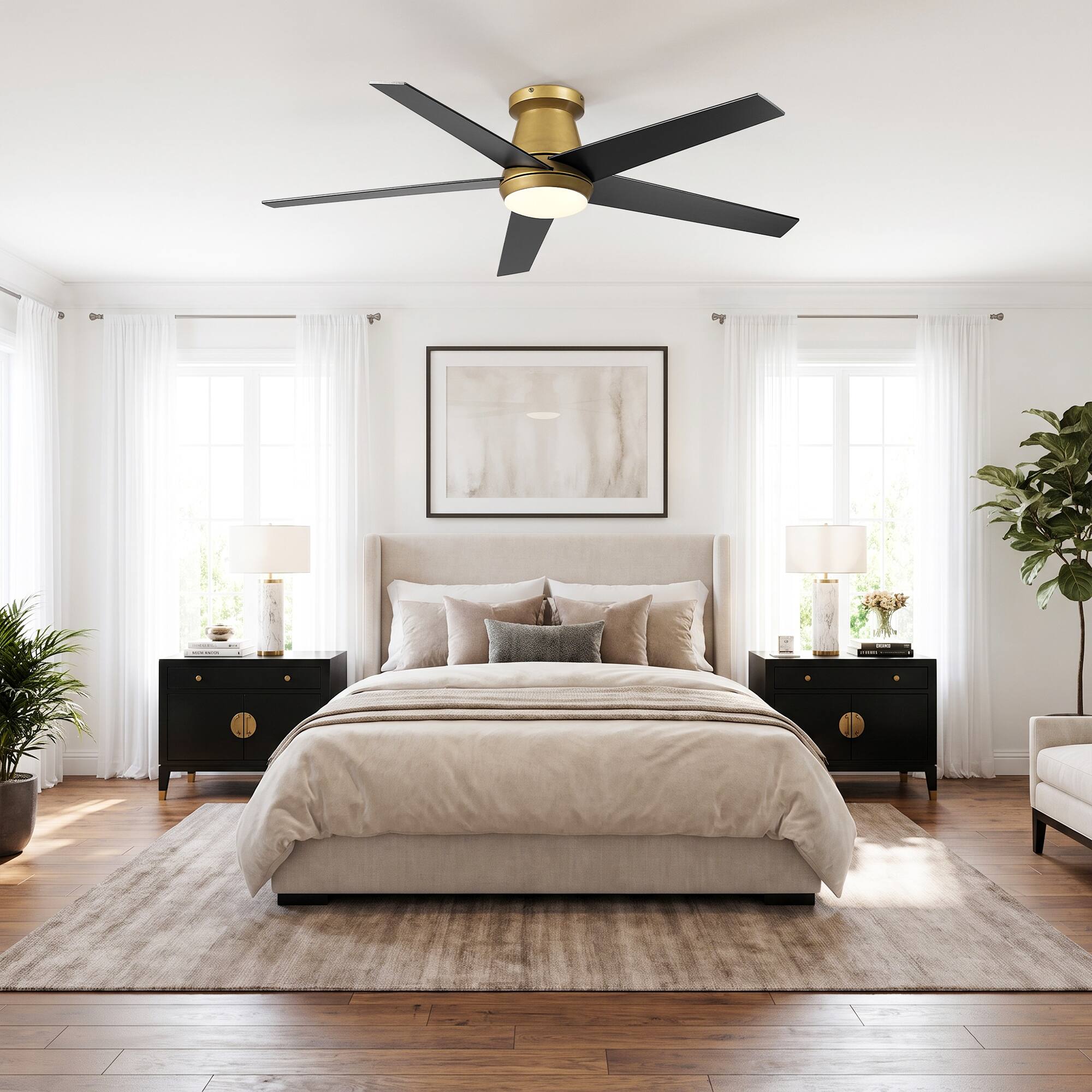 Left. Vaczon - 52 In. Modern 3CCT Dimmable LED Smart Flush Mount Ceiling Fan with Light, Remote and App Control,Double-Sided Blades - Gold.