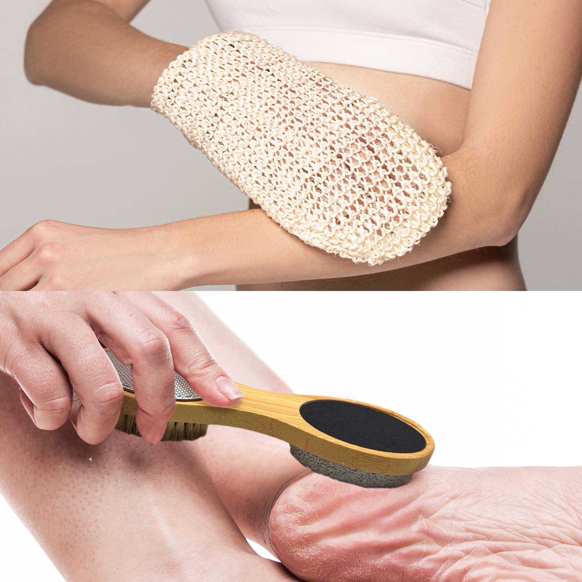 Left. Pursonic - Sisal Hemp Bath Glove, Pack of 2, and 4-in-1 Foot Scrubber Bundle - Multicolor.