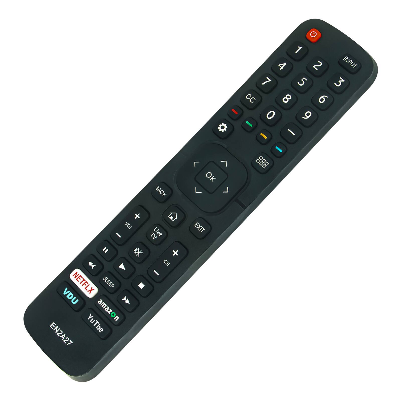 Sure, here is the corrected and grouped text from the image:

- BACK
- OK
- G
- 1 4 2
- INPUT
- 7 5 3
- CC
- 8 6 0
- 9
- VOL
- TV
- Live
- CH
- NETFLIX
- SLEEP
- VDU
- amazon
- YouTube
- EN2A27
- EXIT