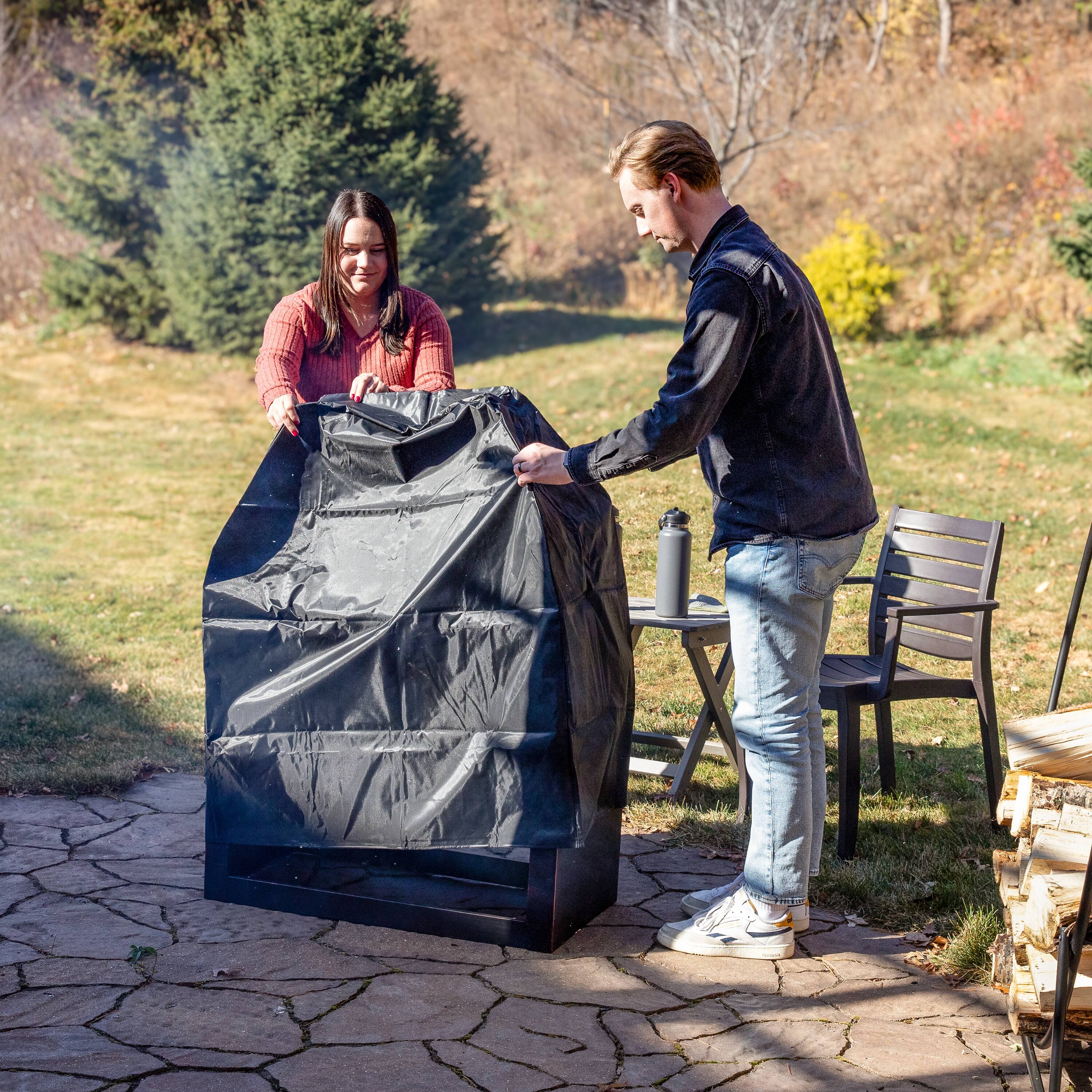 Alt View 8. Sunnydaze - 32 in Steel Outdoor Fireplace with Log Storage - Bronze.