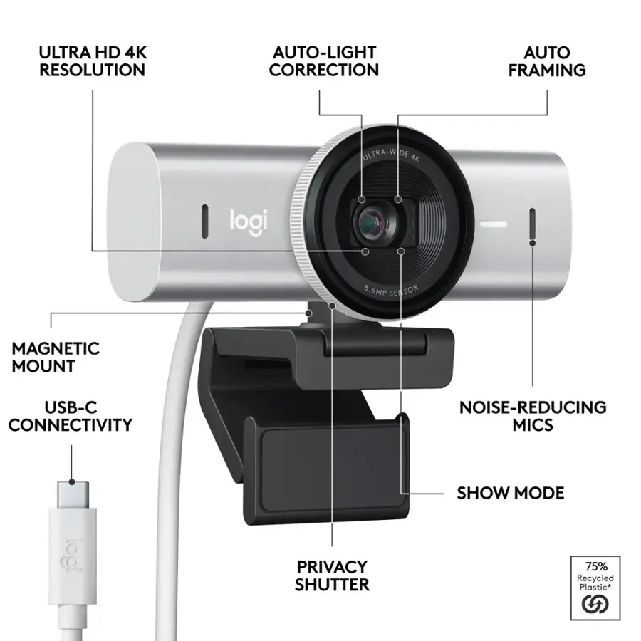 Ultra HD 4K resolution, Auto-light correction, Auto framing, 8.5MP sensor, USB-C connectivity, Noise-reducing mics, Show mode, Privacy shutter, 75% Recycled Plastic.