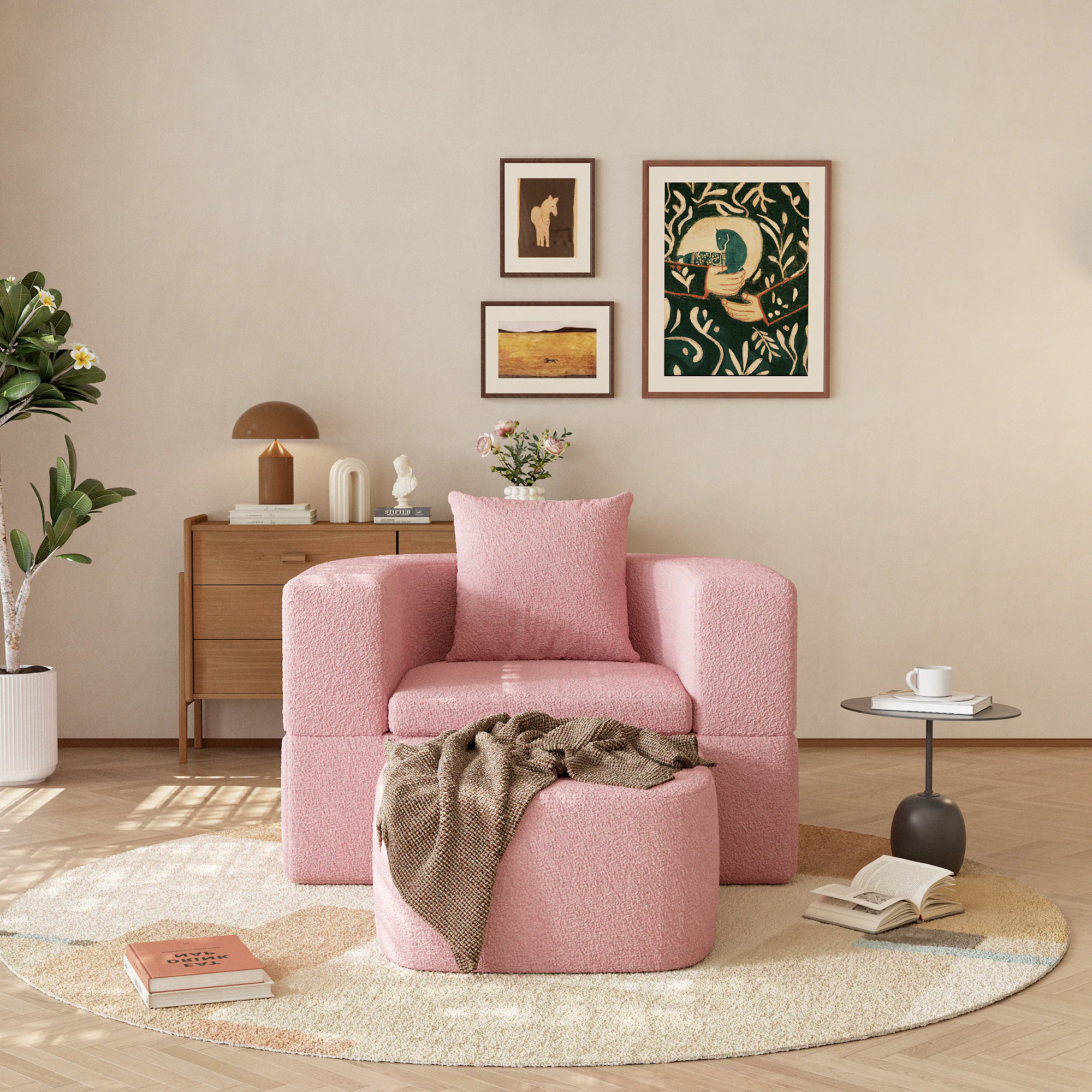 Left. Yardgrace - Boneless Sofa Chair Lounge Chair for Living Room, Modern Convertible Upholstered Sofa, Comfy Sherpa Leisure Couch - Pink.