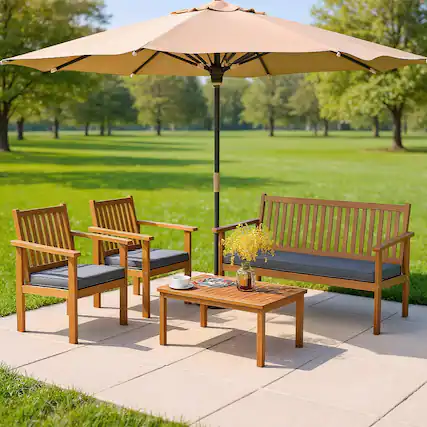 Front. Kadyn - 4 Piece Patio Wood Furniture Set Acacia Wood Sofa Set, Small Patio Conversation Furniture Set with Loveseat-Off Gray - Gray.