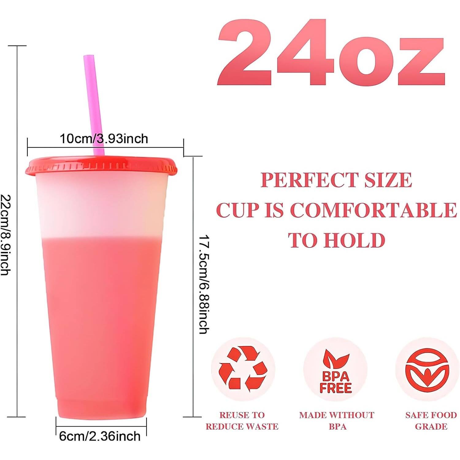 24oz, 10cm/3.93inch, 22cm/8.9inch, PERFECT SIZE CUP IS COMFORTABLE TO HOLD, 7.5cm/6.88inch, BP FREE, 6cm/2.36inch, REUSE TO REDUCE WASTE, MADE WITHOUT BPA, SAFE FOOD GRADE.