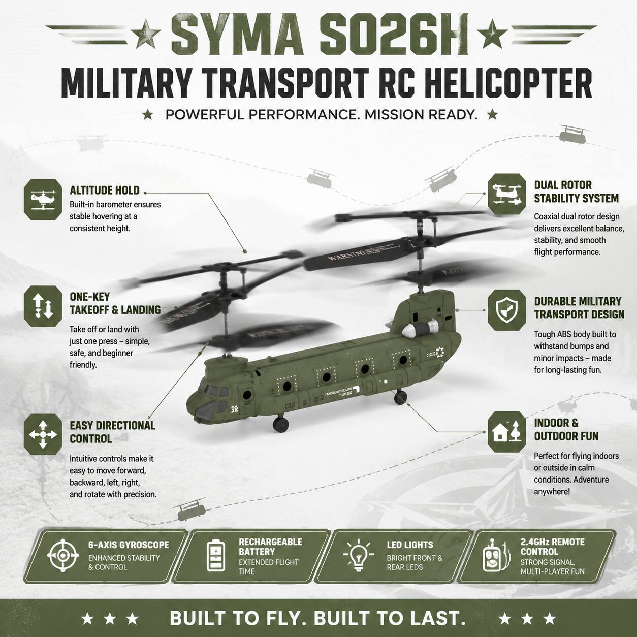 SYMA SO26H MILITARY TRANSPORT RC HELICOPTER

POWERFUL PERFORMANCE. MISSION READY.

ALTITUDE HOLD
Built-in barometer ensures stable hovering at a consistent height.

DUAL ROTOR STABILITY SYSTEM
Coaxial dual rotor design delivers excellent balance, stability, and smooth flight performance.

ONE-KEY TAKEOFF & LANDING
Take off or land with just one press - simple, safe, and beginner friendly.

DURABLE MILITARY TRANSPORT DESIGN
Tough ABS body built to withstand bumps and minor impacts - made for long-lasting fun.

EASY DIRECTIONAL CONTROL
Intuitive controls make it easy to move forward, backward, left, right, and rotate with precision.

INDOOR & OUTDOOR FUN
Perfect for flying indoors or outside in calm conditions. Adventure anywhere!

6-AXIS GYROSCOPE
ENHANCED STABILITY & CONTROL

RECHARGEABLE BATTERY
EXTENDED FLIGHT TIME

LED LIGHTS
BRIGHT FRONT & REAR LEDS

2.4GHz REMOTE CONTROL
STRONG SIGNAL

BUILT TO FLY. BUILT TO LAST.