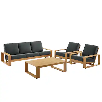 Front. Modway - Lirienne 4-Piece Outdoor Patio Aluminum Faux Wood Furniture Set - Charcoal Natural.
